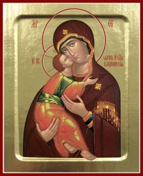 Икона Пресвятой Богородицы, Владимирская (млад. в красно-болотном, взгл. прямо) (на дереве): 125 х 160